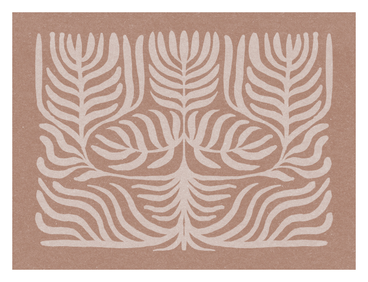 This Botanical Motif Art Print showcases a symmetrical, nature-inspired design with flowing leaf forms and organic linework set against a warm, earthy backdrop.