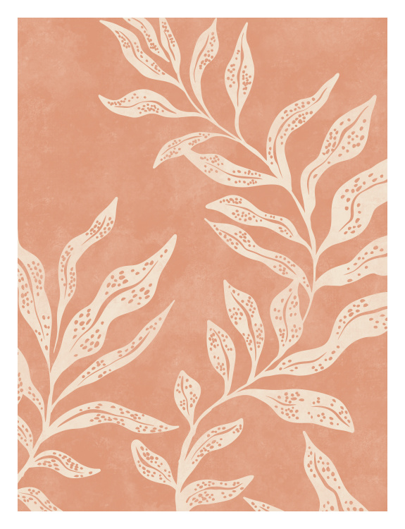 Bring warmth and modern botanical elegance to your space with this Foliage Two Art Print, featuring delicate leafy branches in soft, flowing forms set against a warm terracotta background.