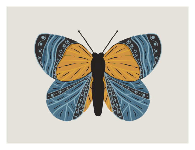 Add a vibrant, nature-inspired focal point to your space with this Butterfly One Art Print, featuring a symmetrical butterfly illustration with richly detailed wings in warm golden and deep blue tones.