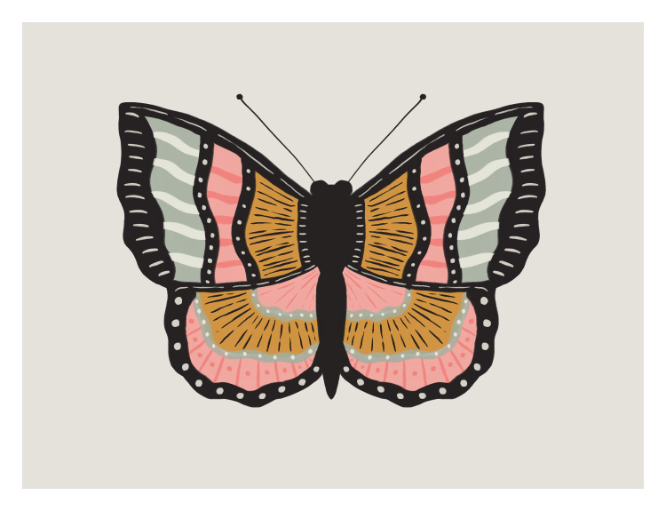Brighten your space with this Butterfly Two Art Print, featuring a beautifully detailed butterfly with layered wings in soft pastel pinks, warm golden tones, and muted greens outlined in bold graphic lines.
