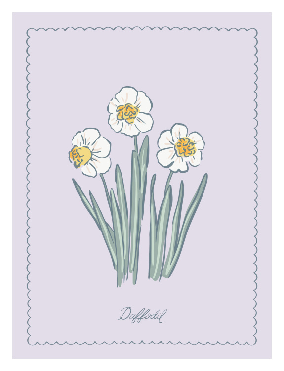 Add a soft, vintage botanical touch to your space with this Handmade Daffodil Art Print, featuring delicate hand-drawn daffodil blooms set against a muted pastel background with a charming scalloped frame.
