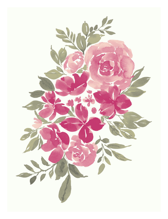 Add a soft, romantic touch to your space with this Watercolor Florals Art Print, featuring a delicate bouquet of hand-painted blooms in layered pink hues with muted green foliage.
