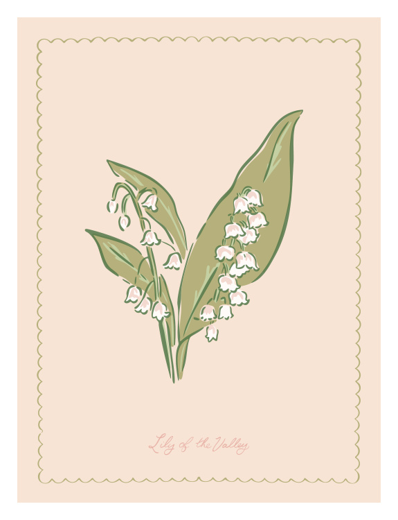 Add a delicate, botanical touch to your space with this Handmade Lily Art Print, featuring charming lily of the valley blooms illustrated in soft greens and gentle neutrals within a scalloped frame.
