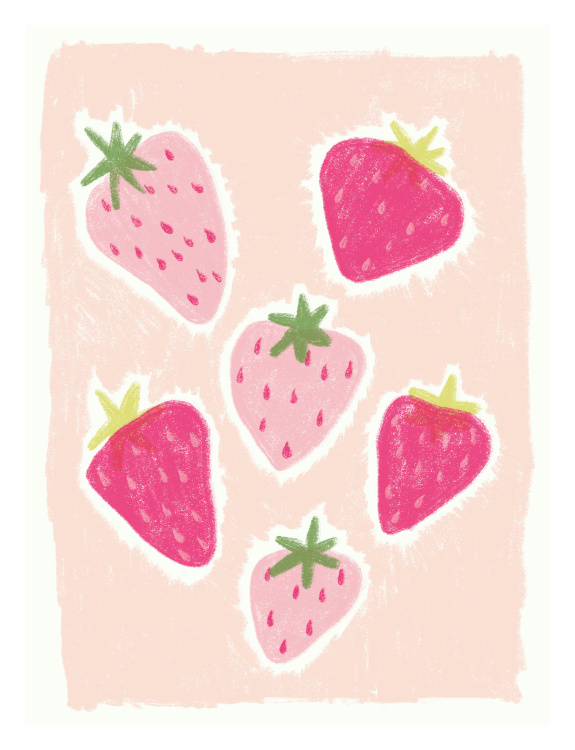Add a playful, sweet touch to your space with this Scribbled Strawberries Art Print, featuring hand-drawn strawberries in vibrant pink and red tones with a whimsical, crayon-like texture.