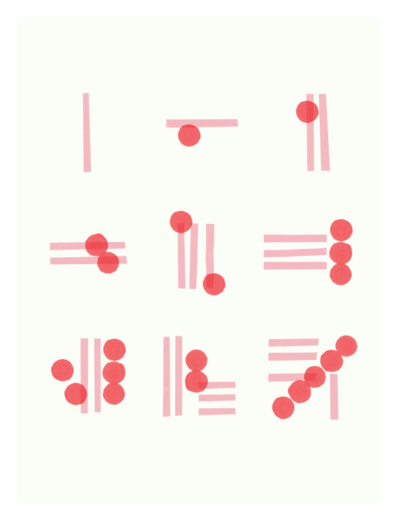 Add a playful, modern touch to your space with this Counting Collage Art Print, featuring abstract arrangements of dots and lines in soft pink and bold coral tones on a light neutral background.