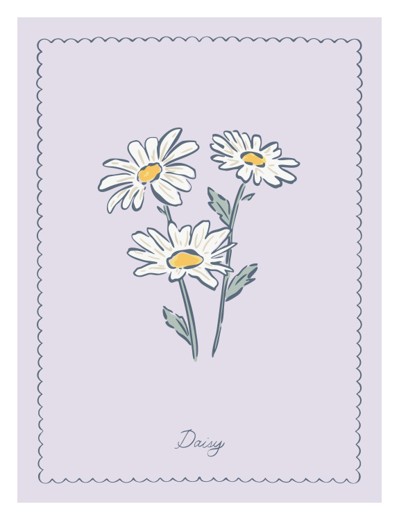 Add a sweet, vintage-inspired floral touch to your space with this Handmade Daisy Art Print, featuring delicate hand-drawn daisies with soft white petals and warm yellow centers set against a muted pastel background with a charming scalloped frame.