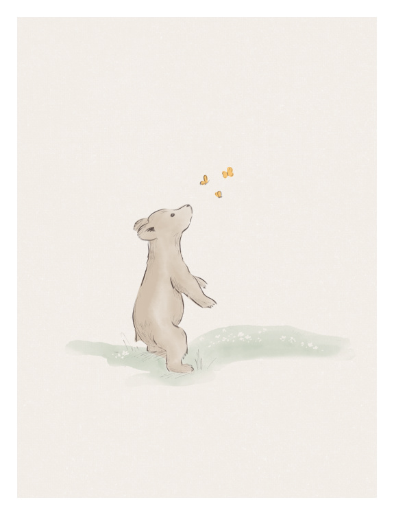 Add a gentle, storybook charm to your space with this Bear and Bees Art Print, featuring a sweet hand-painted bear gazing up at a cluster of tiny golden bees in a soft, minimalist setting.