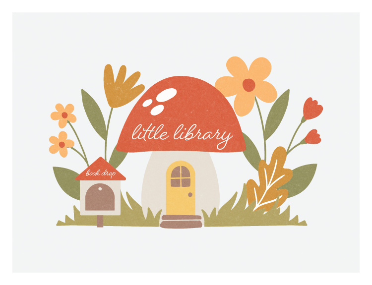 Add a playful, storybook-inspired touch to your space with this Little Library Art Print, featuring a whimsical mushroom-shaped house surrounded by cheerful florals in warm, earthy tones.