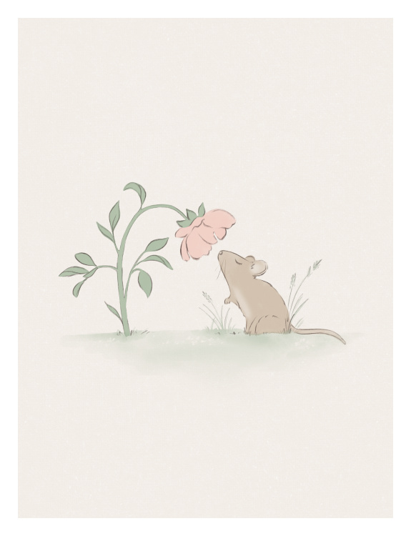 Add a soft, storybook-inspired charm to your space with this Mouse and Flower Art Print, featuring a delicate illustration of a curious little mouse reaching up to a gently drooping blossom in a peaceful meadow setting.
