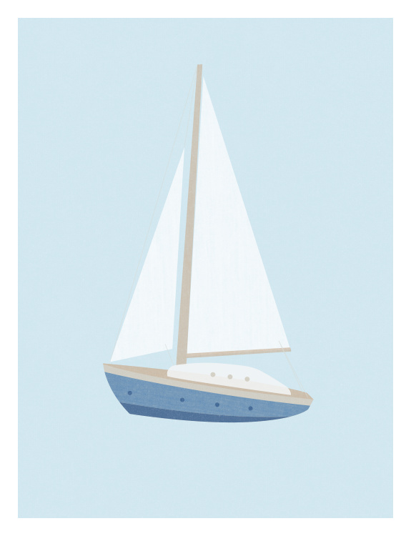 Bring a fresh, coastal feel to your space with this Model Ship Art Print, featuring a simple sailboat illustration with crisp white sails and soft blue tones set against a calming sky backdrop.