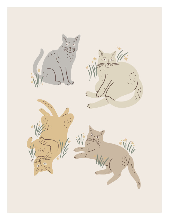 Add a playful and cozy touch to your space with this Garden Cats Art Print, featuring four charming hand-drawn cats lounging and stretching among delicate grass and tiny florals in soft, earthy tones.