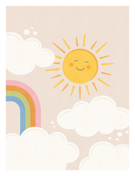 Brighten your space with this cheerful Sunny Sky Art Print, featuring a smiling sun, fluffy clouds, and a soft rainbow in warm pastel tones set against a gentle sky background.