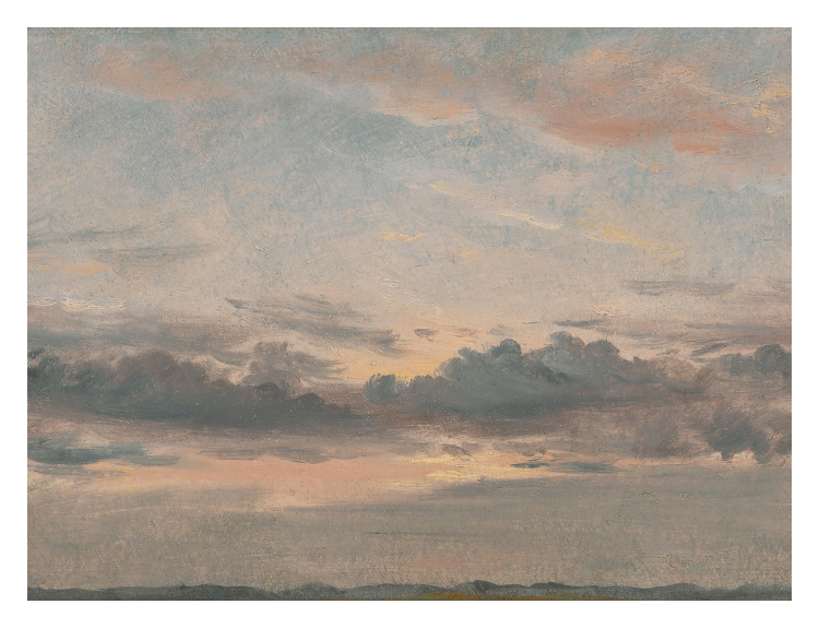 Bring a serene, painterly atmosphere into your space with this Painted Sunset Art Print, featuring soft, layered clouds drifting across a tranquil horizon in muted tones of peach, blue, and gray.