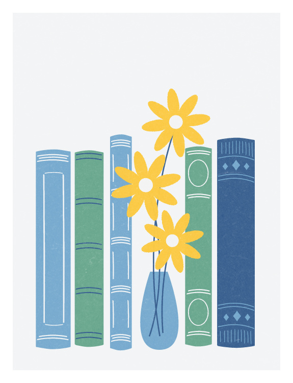 Add a charming literary touch to your space with this Bookshelf Art Print, featuring a row of softly illustrated books paired with a simple vase of cheerful yellow flowers in a clean, modern style.