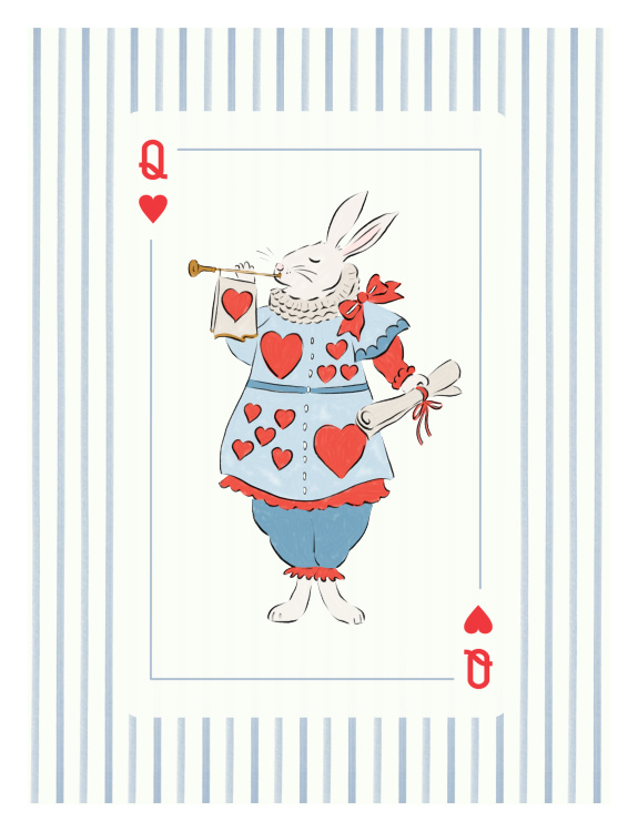 Step into a whimsical storybook world with this White Rabbit Art Print, featuring a charming playing card–inspired illustration of a rabbit dressed in heart-adorned attire.