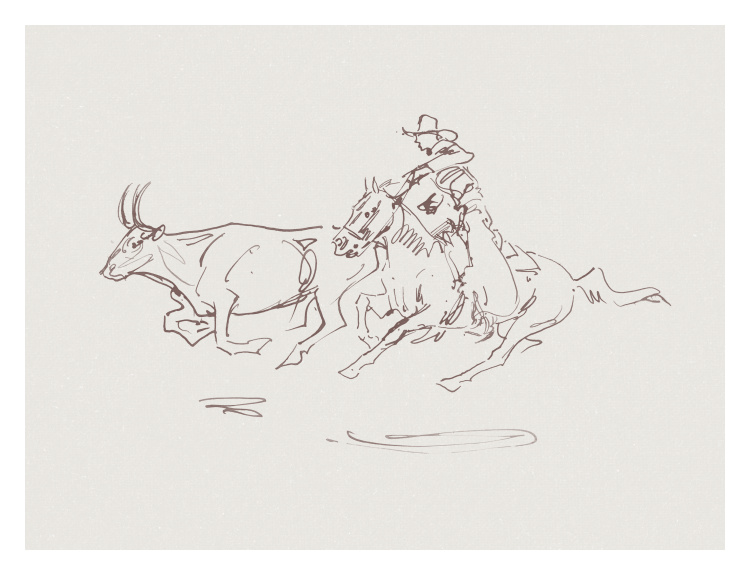 Capture the spirit of the Wild West with this Cowboy Roundup Wallpaper, featuring a hand-sketched scene of a cowboy on horseback chasing cattle in a dynamic, vintage line art style.
