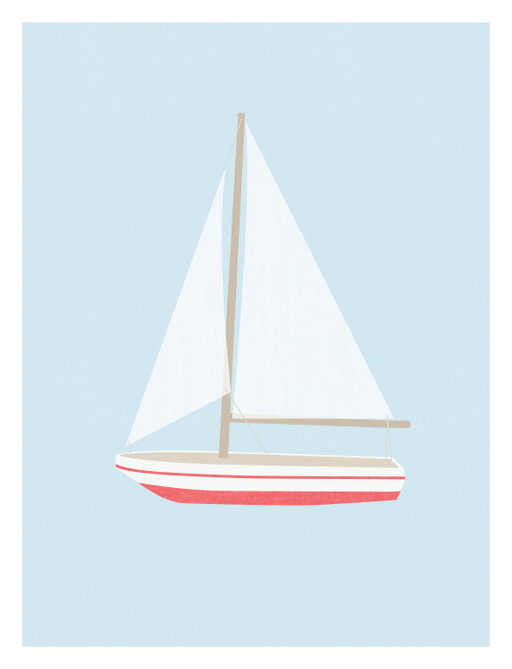 Set sail with this charming Model Ship Two Art Print, featuring a minimalist sailboat illustration with crisp white sails and a soft nautical color palette.