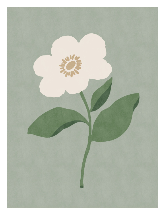 Add a touch of soft, modern charm to your space with this Flower One Art Print, featuring a simple, stylized bloom with rounded petals and muted green leaves.