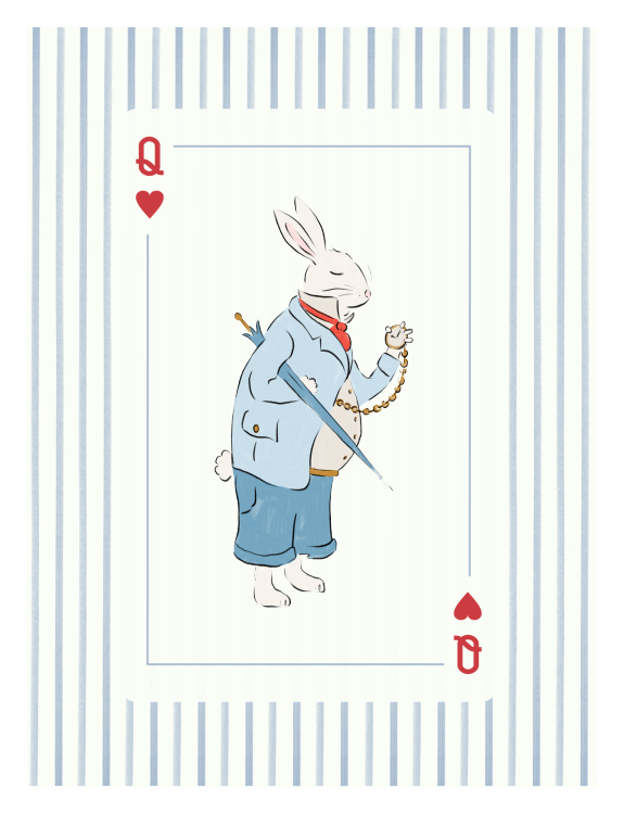 Add a touch of whimsical storytelling to your space with this White Rabbit Two Art Print, featuring a charming illustrated rabbit dressed in vintage attire holding a pocket watch.