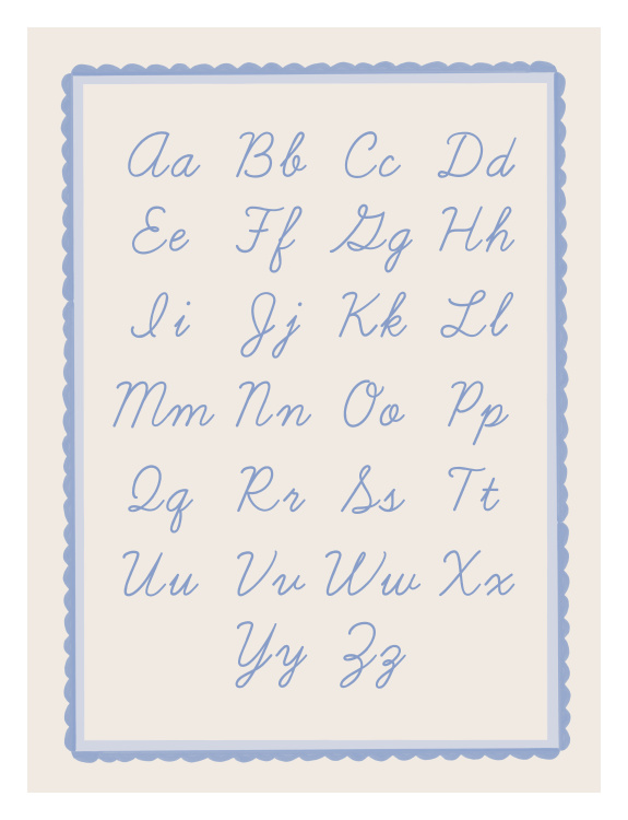 Bring timeless educational charm to your walls with this Cursive Alphabet Art Print, featuring a full A–Z script in a soft, hand-lettered style framed by a delicate scalloped border.