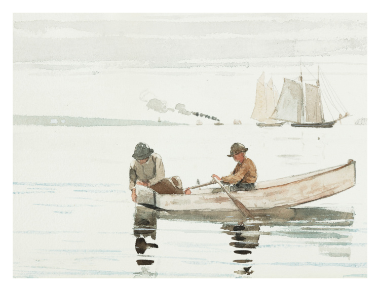 Capture the quiet beauty of coastal life with this Boys Fishing Art Print, a serene watercolor scene of two young boys drifting in a small rowboat on calm waters.