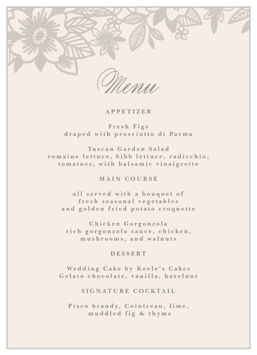 Let family and friends know what mouthwatering foods will be served at your reception with our Elegant Lace Wedding Menus.