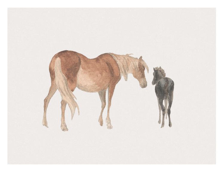 Celebrate the gentle bond of nature with this Foal and Mare Art Print, a soft watercolor illustration capturing a tender moment between a mother horse and her young foal.