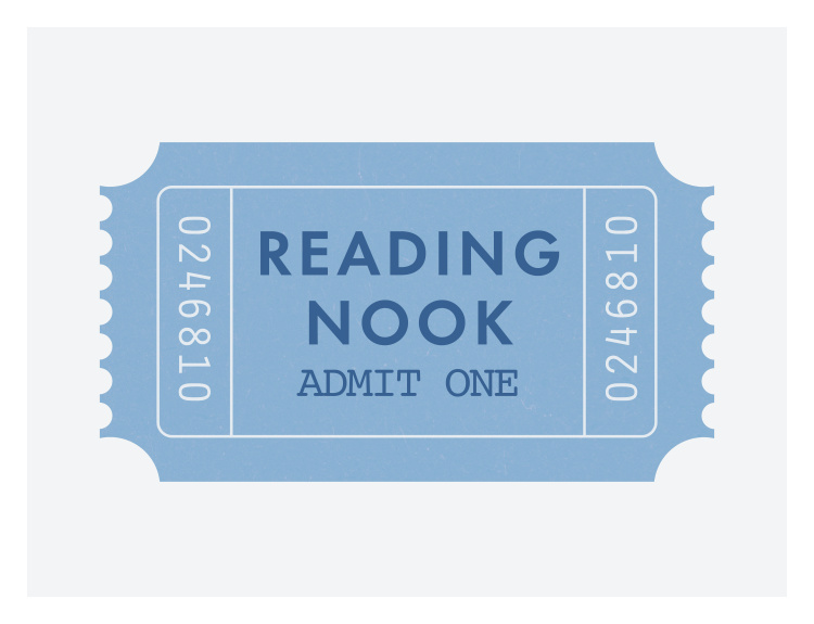 Create a cozy and inviting space with this Reading Nook Art Print, designed as a charming vintage-style ticket featuring soft blue tones and playful typography.