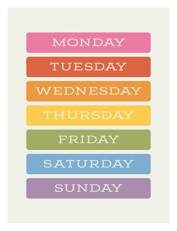 Brighten up learning spaces with this Colorful Week Art Print, featuring each day of the week displayed in bold, cheerful colors with clean, modern typography.