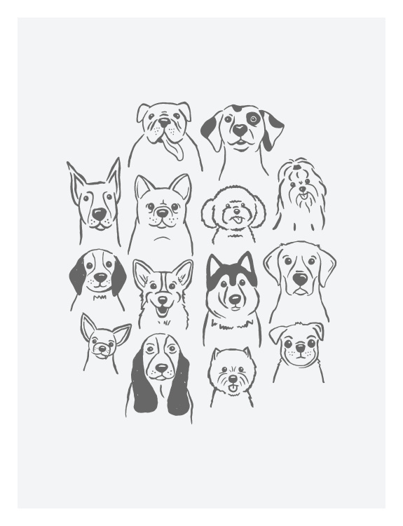 Add playful charm to your space with this Puppy Dogs Art Print, featuring a delightful collection of hand-drawn dog portraits in a clean, minimalist line art style.