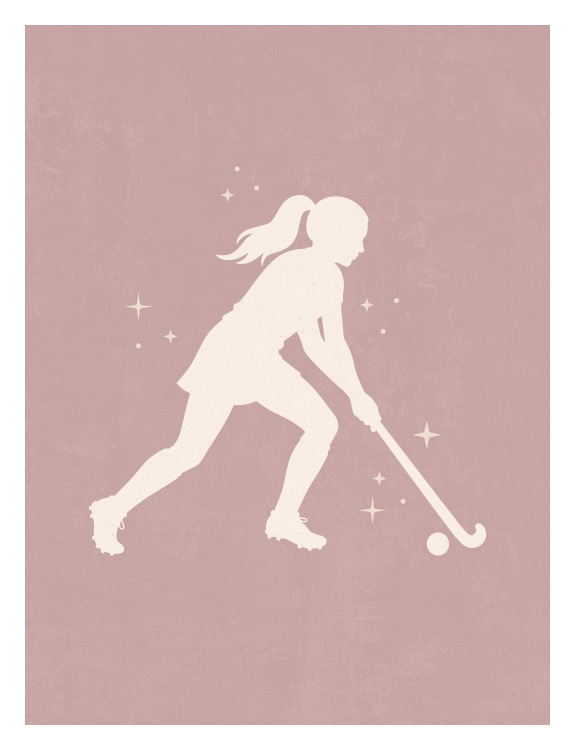 Celebrate strength and movement with this Girls Field Hockey Art Print, featuring a graceful silhouette of a young athlete in motion set against a soft blush background.