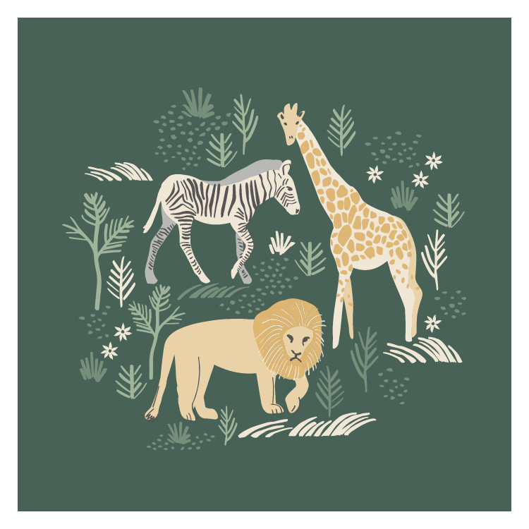 Bring playful adventure to your walls with this Animal Safari Art Print, featuring charming illustrated wildlife including a zebra, giraffe, and lion set among stylized greenery.