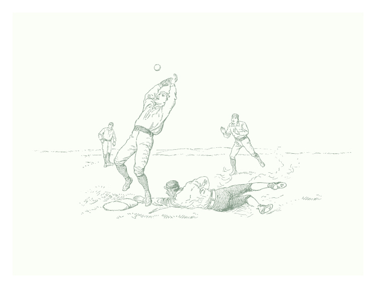 Add vintage athletic charm to your space with this Baseball Toile One Art Print, featuring a classic sketch-style illustration of a baseball play in motion.