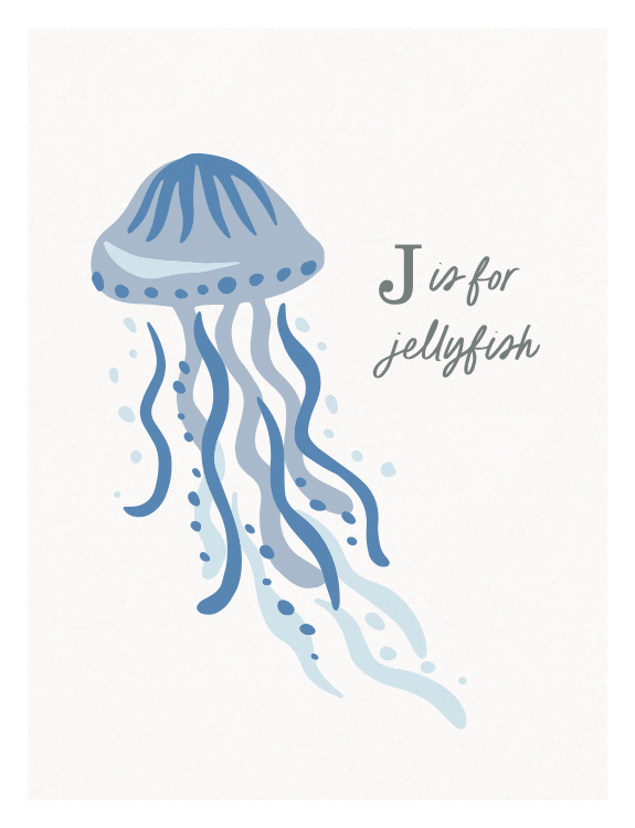 Bring playful learning and ocean-inspired charm to your space with this Animal Names Jellyfish Art Print, featuring a whimsical illustrated jellyfish in calming blue tones.