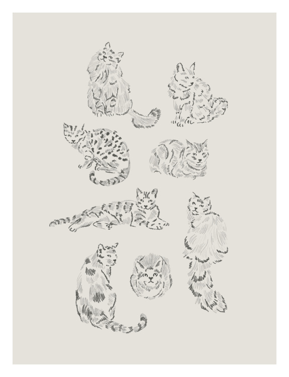 Add timeless charm and artistic detail to your space with this Cat Study Art Print, featuring a collection of softly sketched cats in various poses.
