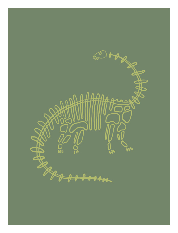 Add playful prehistoric charm to your space with this Dino Skeleton One Art Print, featuring a whimsical line-drawn dinosaur skeleton on a soft green background.
