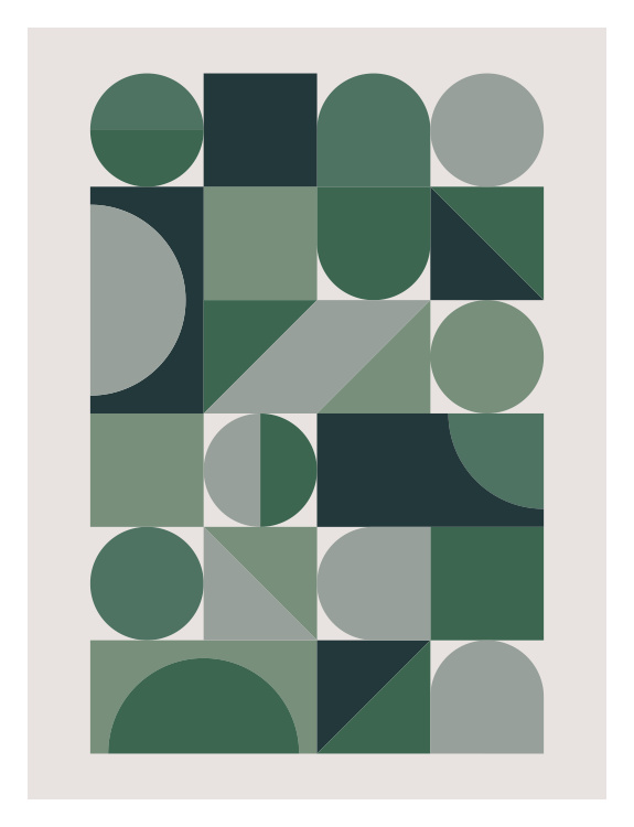 Elevate your space with this Mod Geo One Art Print, featuring a bold arrangement of modern geometric shapes in a calming palette of layered greens and soft neutrals.