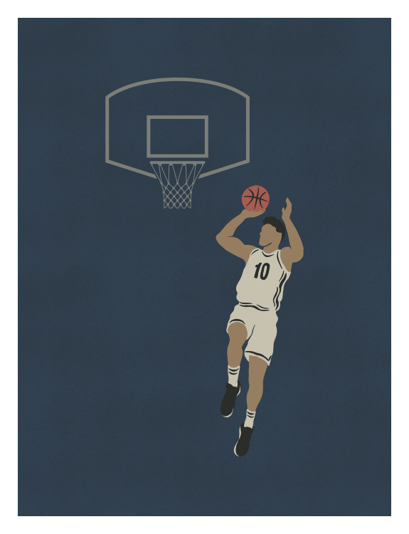 Bring the energy of the game to your space with this On The Court One Art Print, featuring a dynamic basketball player mid-air as they drive toward the hoop.