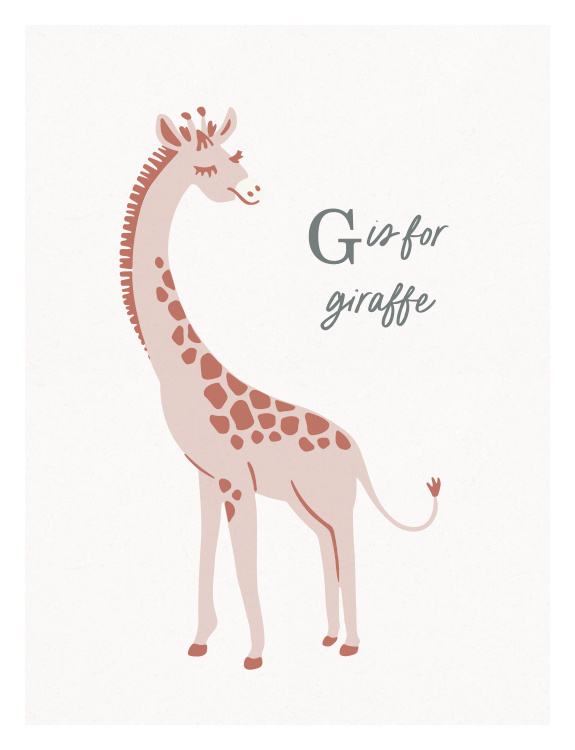 Add a playful educational touch to your space with this Animal Names Giraffe Art Print, featuring a sweet illustrated giraffe with “G is for giraffe” text.