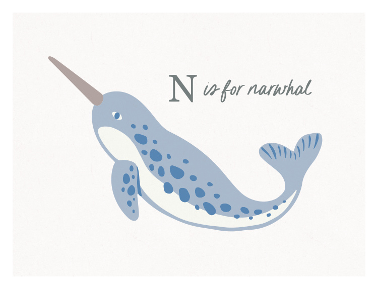 Add a playful and educational touch to your space with this Animal Names Narwhal Art Print, featuring a charming narwhal with “N is for narwhal” text.