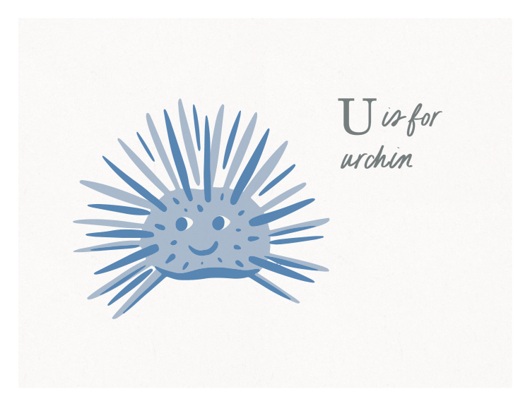 Make learning the alphabet fun and engaging with this Animal Names Urchin Art Print, featuring an adorable smiling sea urchin paired with a playful "U is for Urchin" educational design.