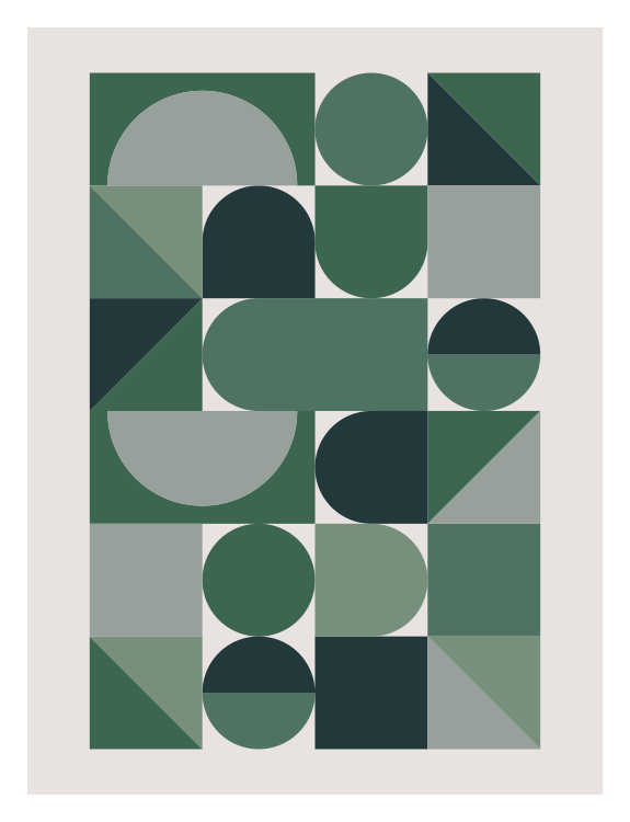 Bring modern style and mid-century influence to your space with this Mod Geo Two Art Print featuring a bold arrangement of geometric shapes, including circles, arches, squares, and color-blocked forms.