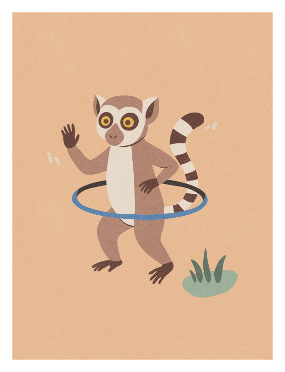Add playful jungle charm to your walls with this whimsical lemur wallpaper featuring an adorable ring-tailed lemur twirling a hula hoop in a fun illustrated scene.