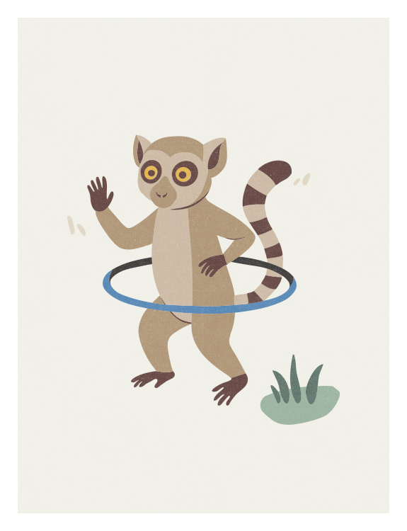 Add playful jungle charm to your walls with this whimsical lemur wallpaper featuring an adorable ring-tailed lemur twirling a hula hoop in a fun illustrated scene.