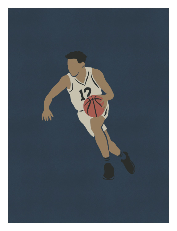 Capture the energy and movement of the game with this modern basketball art print featuring a player driving down the court with the ball in hand.