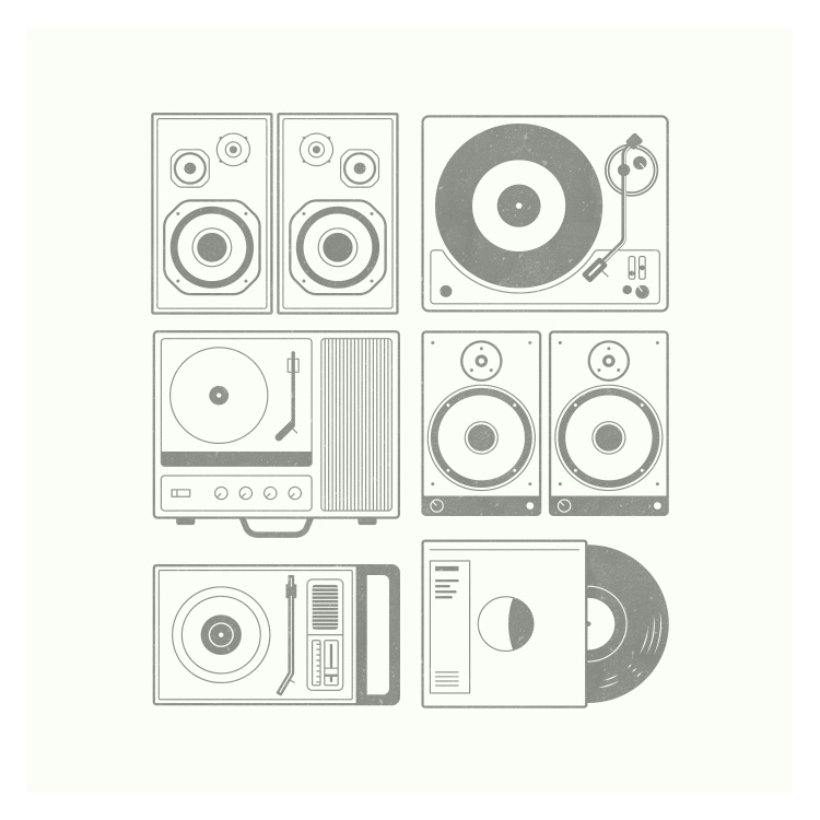 Celebrate the golden age of music with this retro record player art print featuring a collection of vintage turntables, vinyl records, speakers, and classic audio equipment.