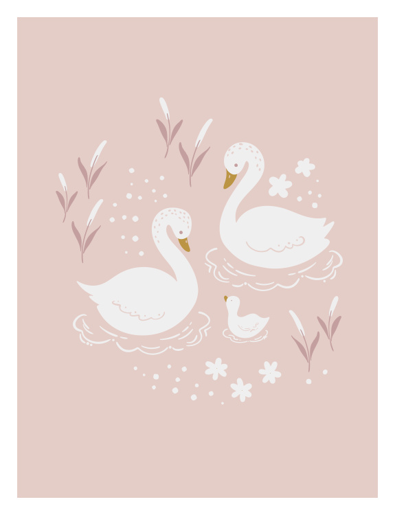 Create a peaceful and enchanting atmosphere with Swans on the Lake Art Print, featuring two elegant swans and a cygnet floating among delicate florals and reeds.