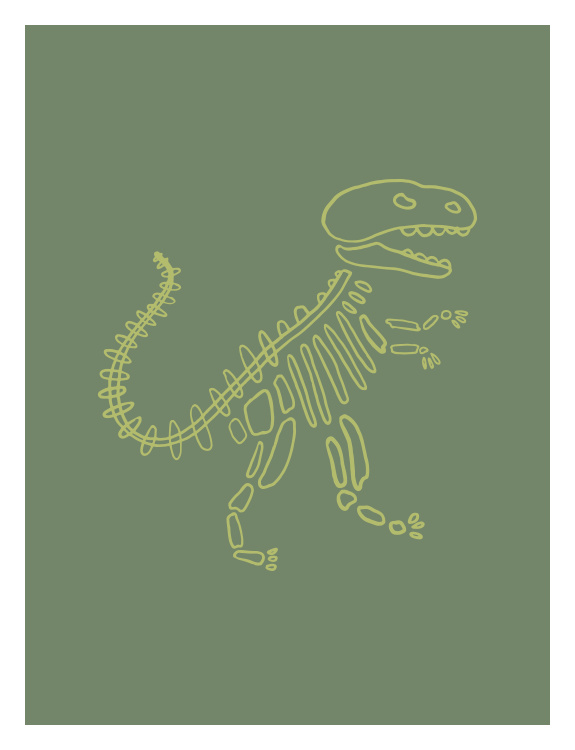 Bring prehistoric adventure to your child's space with Dino Skeleton Two Art Print, featuring a playful dinosaur fossil illustration in a clean, modern style.
