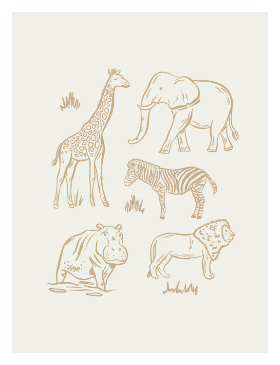 Bring the beauty of the African savanna into your child's space with On Safari Art Print, featuring charming hand-drawn illustrations of a giraffe, elephant, zebra, hippopotamus, and lion in a timeless sketch-style design.