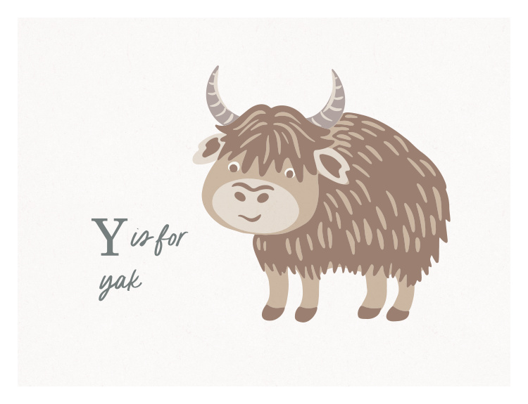 Introduce a fun and educational touch to your child's room with Animal Names Yak Art Print, featuring an adorable illustrated yak paired with alphabet-learning typography in a charming storybook-inspired style.
